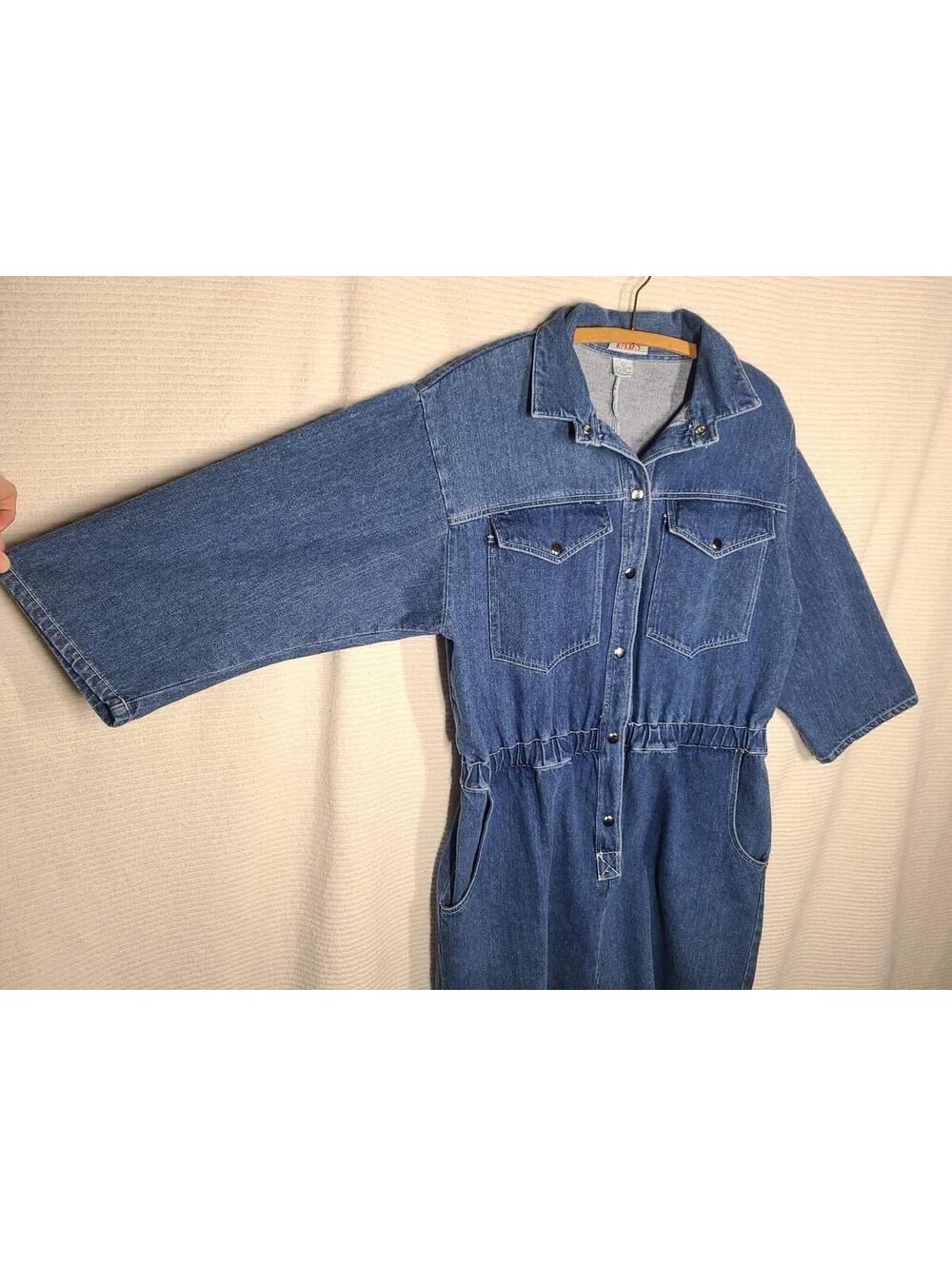 Vintage 90s Denim Dress 100% Cotton Blue Jeans Large Slim Skirt Snap Front Y2k - Picture 7 of 9